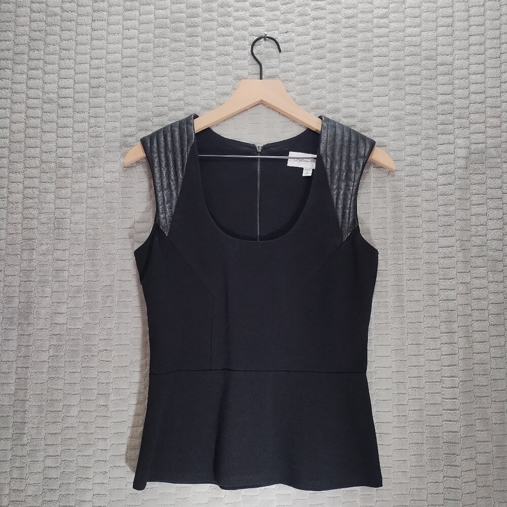 Fifteen Twenty Black Tailored Peplum Top with Lambskin Leather Shoulder-Sz S
